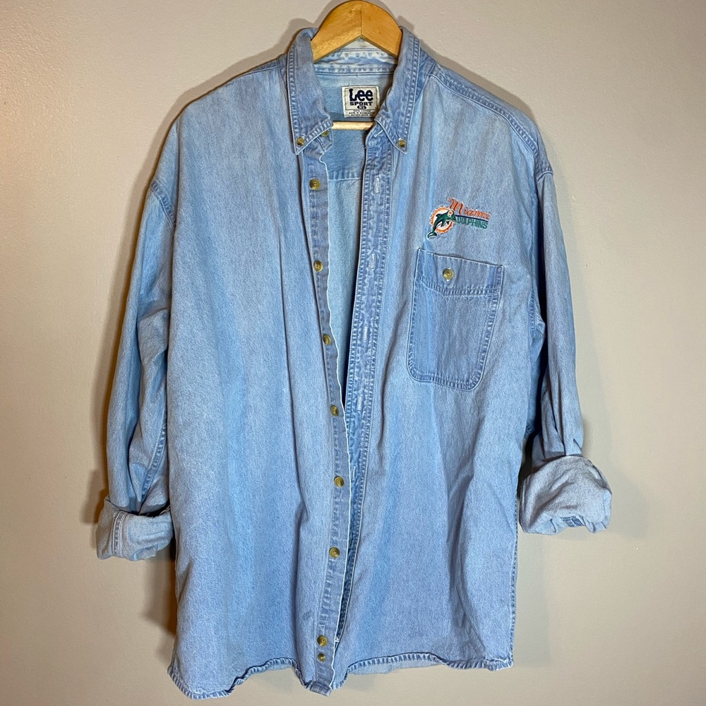 Vintage Embroidered Lee Sports Miami Dolphins Denim Oversized Button-Up XL VTG